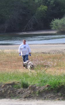 Jeannine coming back from walking her dogs