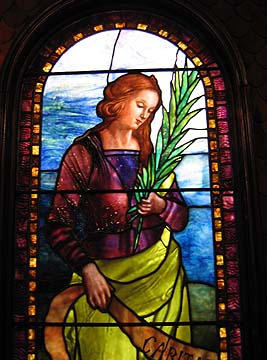 Detail of right Tiffany window, below the Tiffany rondel at the back of the church